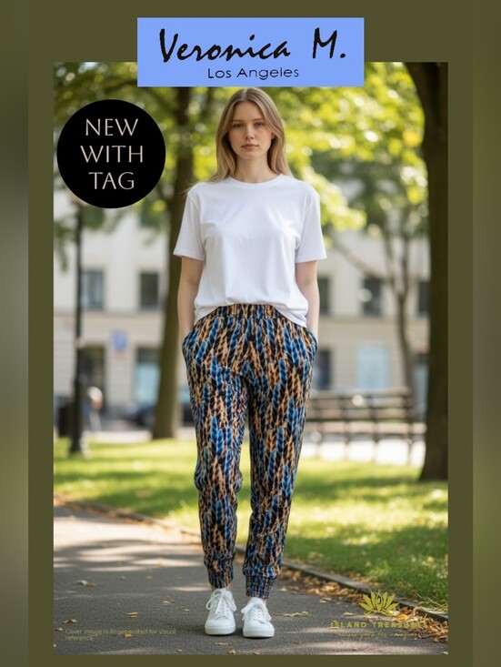 Veronica M Pants - NWT Veronica M. Size XS Brown/Blue Draped Los Angeles Feather Print Jogger Pants